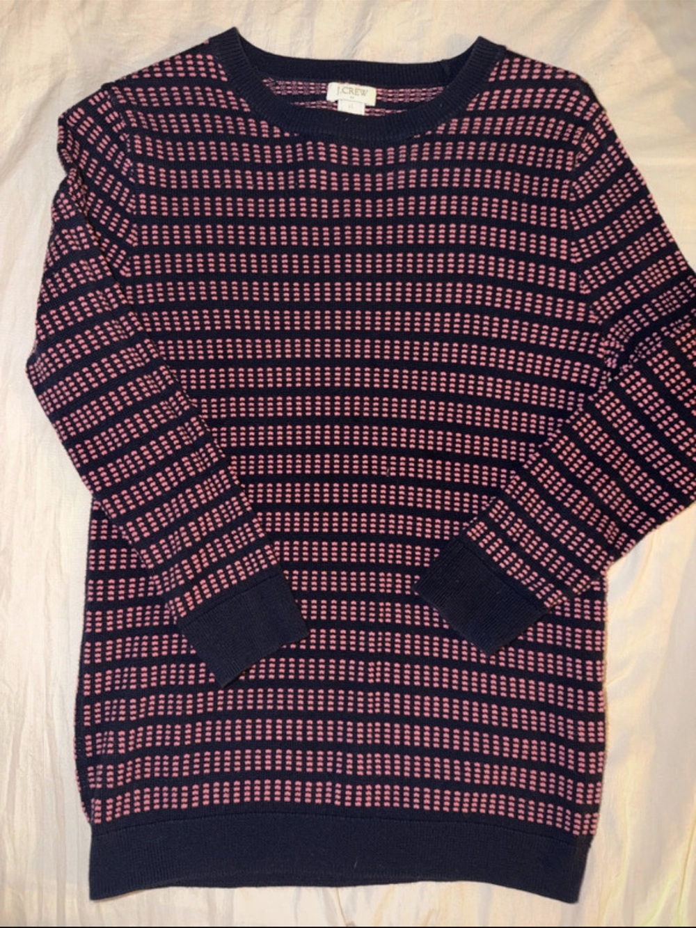 J. Crew Navy and Pink Striped Knit Crewneck Sweater